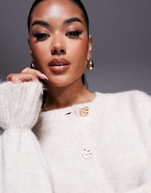 ASOS DESIGN - Ecrufarvet cardigan i strik med guldfarvede knapper - Del af sæt, 4 af 4