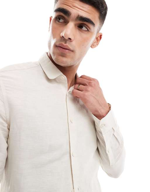 ASOS DESIGN - Ecrufarvet elegant regular fit-skjorte i hør med penny-krave, 4 af 4
