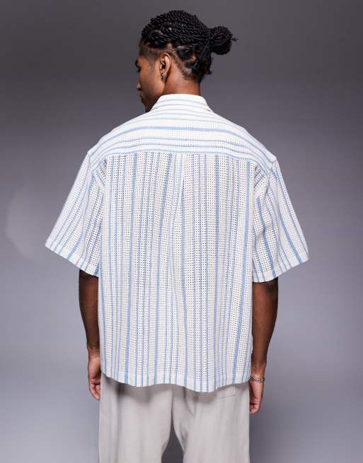 ASOS DESIGN - Ecrufarvet hæklet oversized skjorte med broderi på brystet og blå striber, 2 af 4
