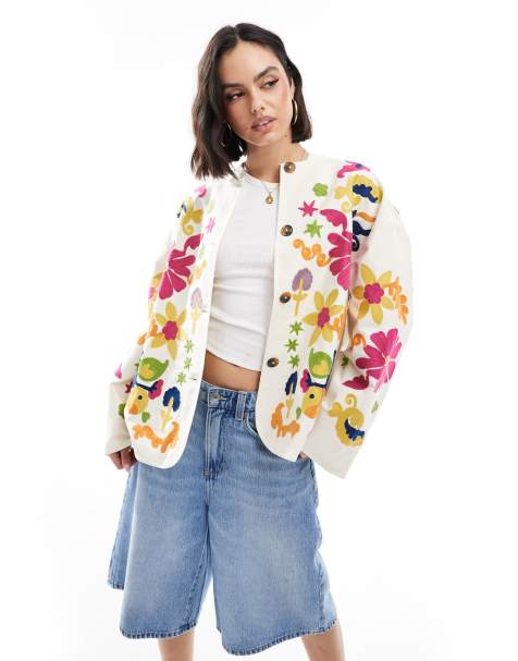 ASOS DESIGN - Ecrufarvet jakke uden krave med broderier - view 1