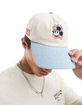 ASOS DESIGN - Ecrufarvet kasket med 'Disney Mickey Mouse'-detalje i denim - view 1