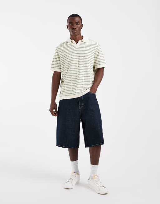 ASOS DESIGN - Ecrufarvet kortærmet polo i strik med tekstur og grønne striber, 3 af 5