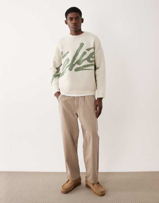 ASOS DESIGN - Ecrufarvet og salviegrøn oversized striktrøje med 'atelier'-grafik, 2 af 5