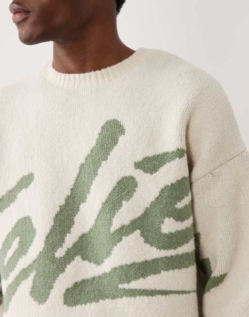 ASOS DESIGN - Ecrufarvet og salviegrøn oversized striktrøje med 'atelier'-grafik, 5 af 5