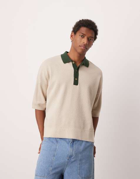 ASOS DESIGN - Ecrufarvet oversized polo med kontrasterende krave i tekstureret strik - view 1
