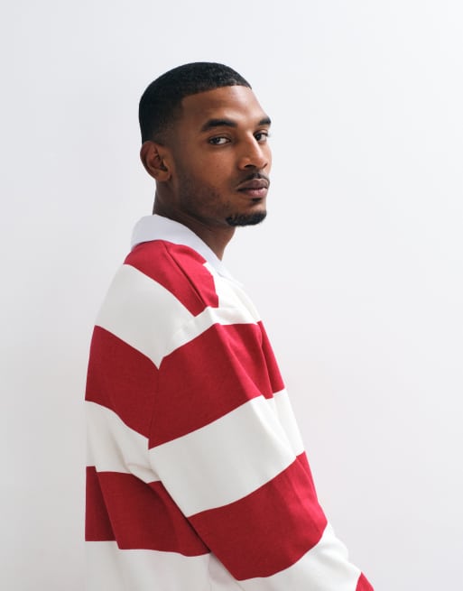 ASOS DESIGN - Ecrufarvet oversized rugby-sweatshirt med røde triber og polokrave, 3 af 5