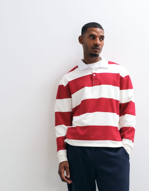 ASOS DESIGN - Ecrufarvet oversized rugby-sweatshirt med røde triber og polokrave, 4 af 5