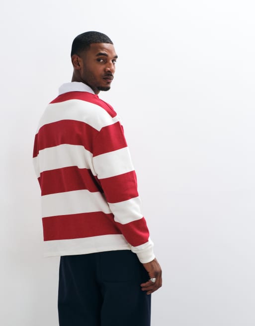 ASOS DESIGN - Ecrufarvet oversized rugby-sweatshirt med røde triber og polokrave, 5 af 5