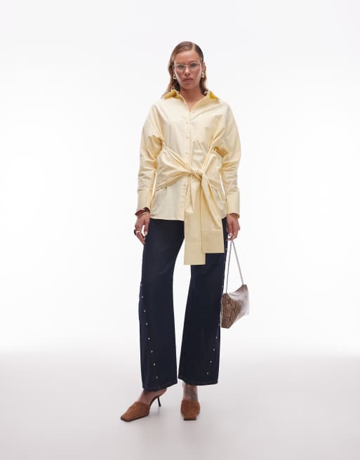 ASOS DESIGN - Ecrufarvet skjorte i poplin med slå om-design og bindebånd i taljen, 3 af 4