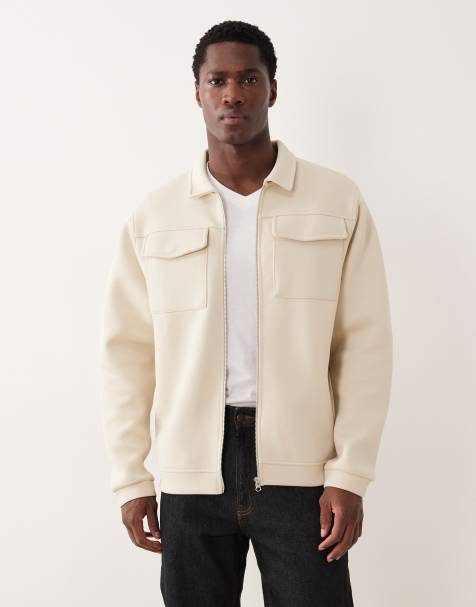 ASOS DESIGN - Ecrufarvet skjortejakke i kraftigt scubalignende stof med gennemgående lynlås - view 1