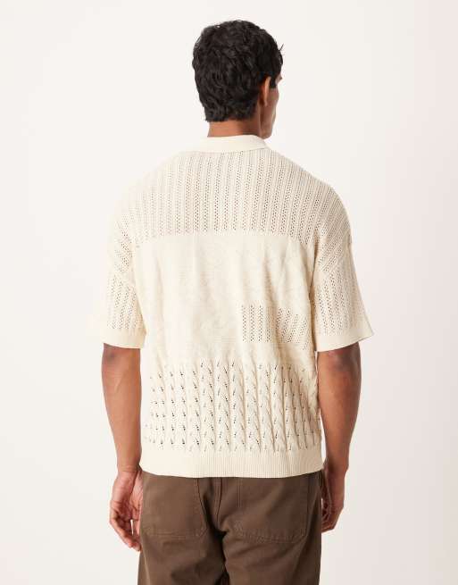 ASOS DESIGN - Ecrufarvet strikket afslappet poloskjorte med mønstret tekstur, 3 af 5