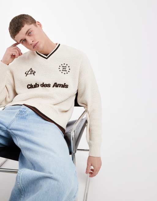 ASOS DESIGN - Ecrufarvet strikket oversized trøje med 'Club de Amis'-grafik, 2 af 5