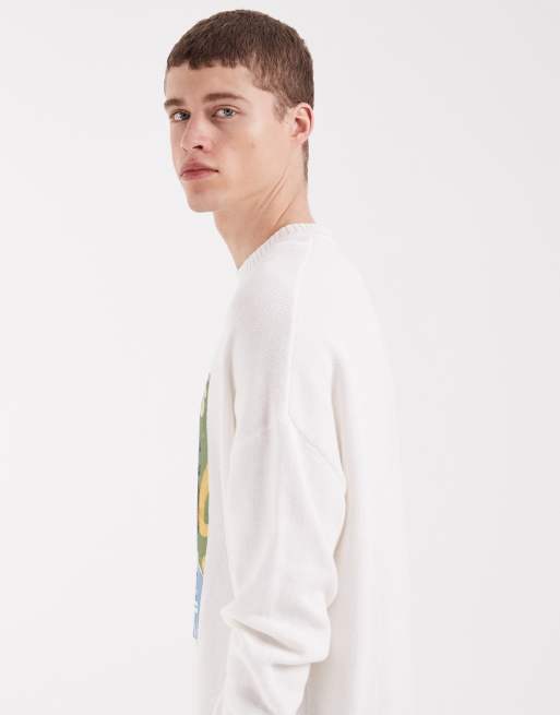 ASOS DESIGN - Ecrufarvet strikket oversized trøje med rund hals og 'Le Marais'-print, 4 af 5