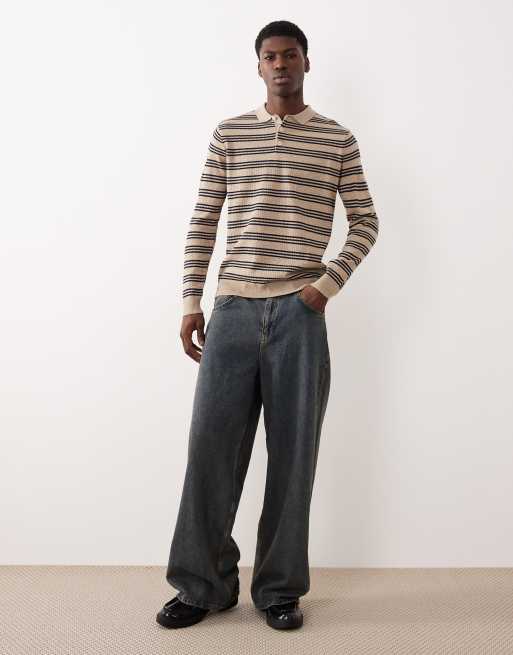 ASOS DESIGN - Ecrufarvet strikket poloskjorte med lange ærmer og striber, 2 af 5