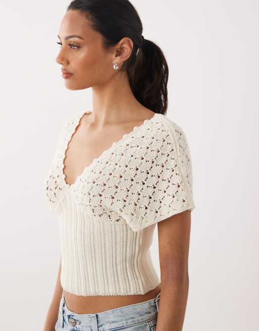 ASOS DESIGN - Ecrufarvet top i strik med dyb udskæring og indsyet talje, 3 af 4