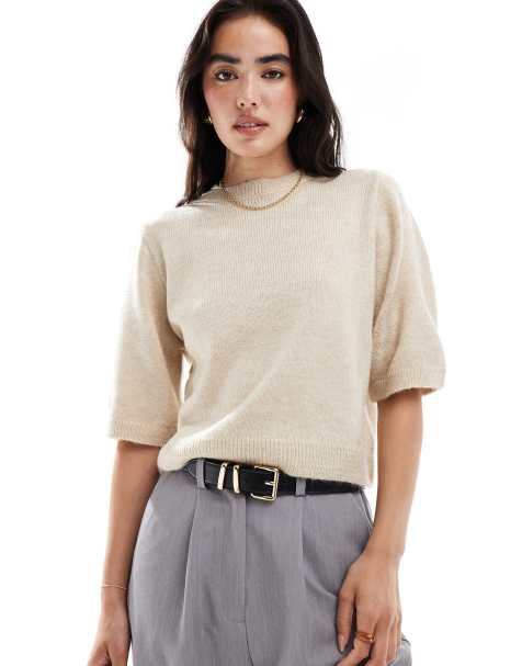 ASOS DESIGN - Ecrufarvet top med halve ærmer i vamset strik - view 1