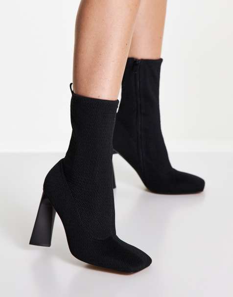 LEHOOR Women Chunky Heel Black Mid Calf Sock Boots