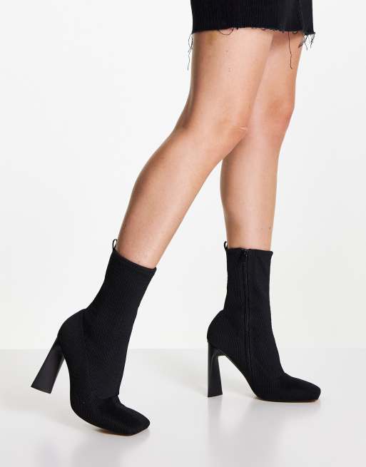 ASOS DESIGN Evita high-heeled square toe woven boots in black