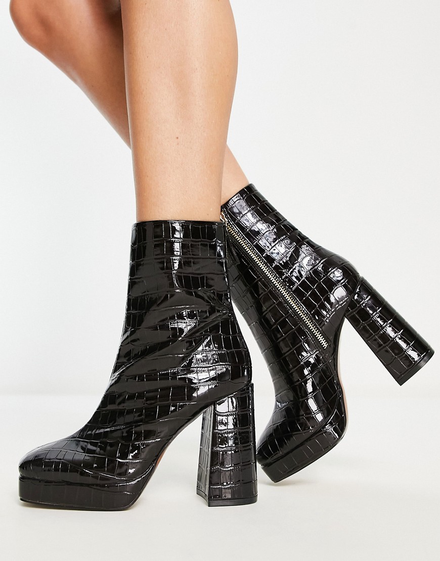 ASOS DESIGN Eden high-heeled platform boots in choc croc-Brown