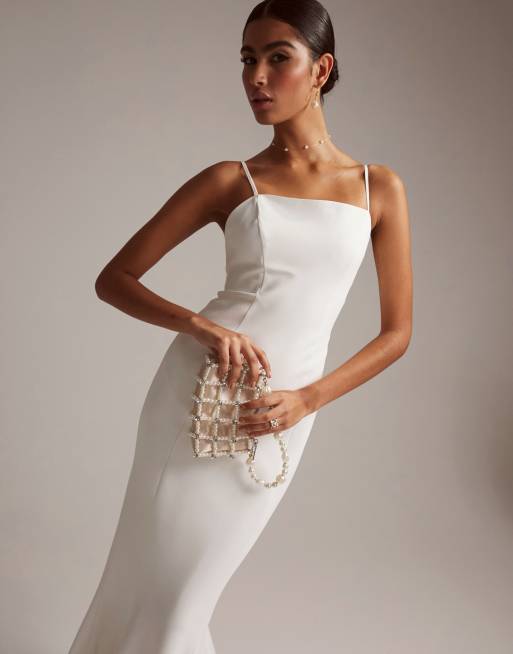 ASOS DESIGN - Eden - Vestito da sposa con spalline sottili in crêpe con scollo squadrato, 2 di 6