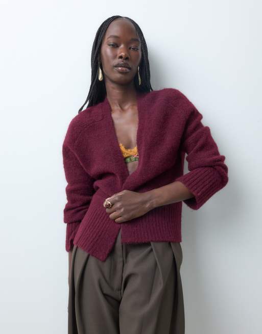 ASOS DESIGN edge to edge cardigan in burgundy, 3 of 5