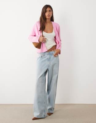 Asos Design Edge To Edge Cardigan With Wide Rib Knit Detailing In Pink