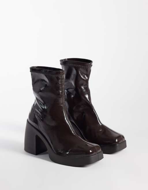 ASOS DESIGN Edison square toe chunky heeled sock boots in chocolate patent, 2 of 4