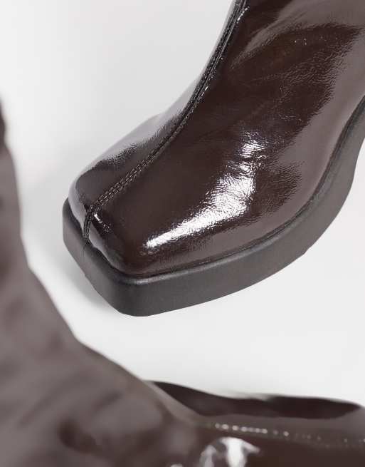 ASOS DESIGN Edison square toe chunky heeled sock boots in chocolate patent, 3 of 4