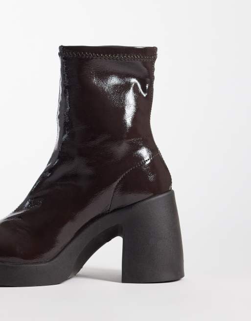 ASOS DESIGN Edison square toe chunky heeled sock boots in chocolate patent, 4 of 4