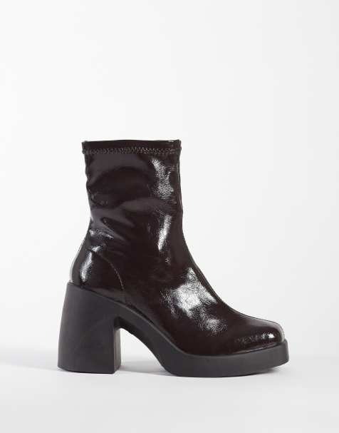 ASOS DESIGN Edison square toe chunky heeled sock boots in dark chocolate patent - view 1