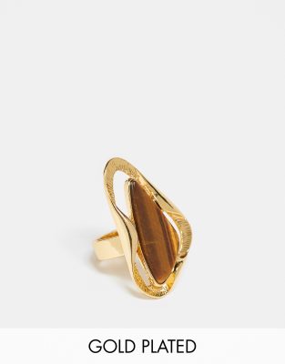ASOS DESIGN - Édition limitée - Bague en plaqué or 14 carats effet fondu sertie d'une véritable pierre semi-précieuse ail-de-tigre-Doré