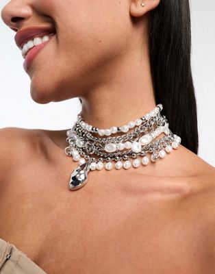 ASOS DESIGN Limited Edition choker necklace with mixed faux pearl and chain with molten pendant in silver tone - ASOS Price Checker