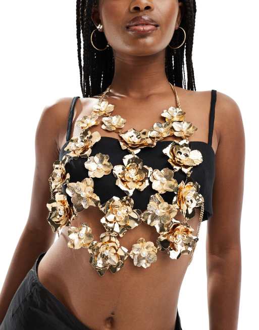 ASOS DESIGN - Édition limitée - Harnais à motif fleurs et perles fantaisie - Doré