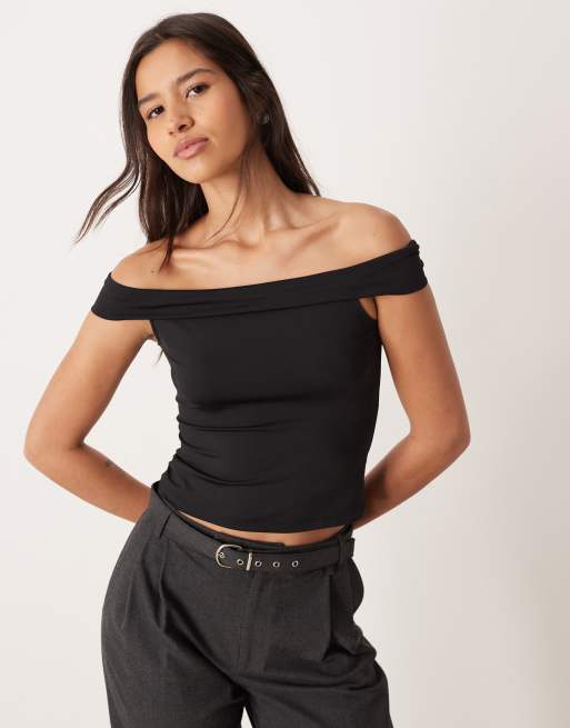 ASOS DESIGN - Effen bardot-top van polyamide in zwart