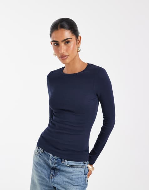 ASOS DESIGN - Effen top met lange mouwen in marineblauw - view 1