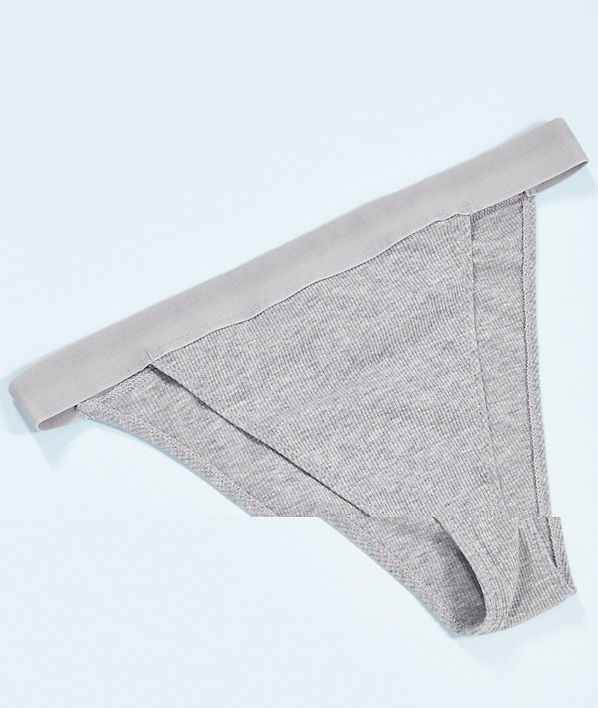 Asos Design Effie Cotton Ribbed High Waisted Brazilian Underwear With Elastic In Gray