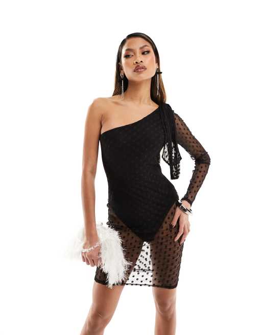 ASOS DESIGN – Einärmliges Minikleid in Schwarz aus gepunktetem Netzstoff mit übergroßer Schleife