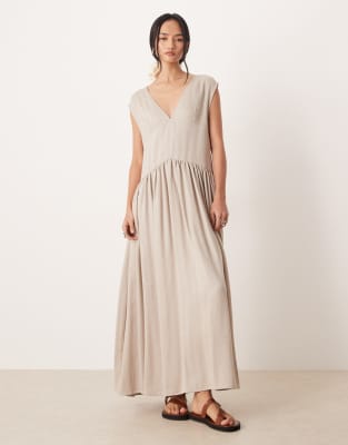 ASOS DESIGN - Oversize-Maxikleid mit tiefem V-Ausschnitt in Steinbeige-Bunt