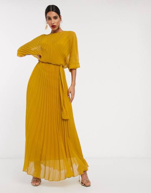 ASOS DESIGN – Eivissa – Plisowana sukienka maxi z obszernymi rękawami z obcisłym mankietem i wiązaniem w talii