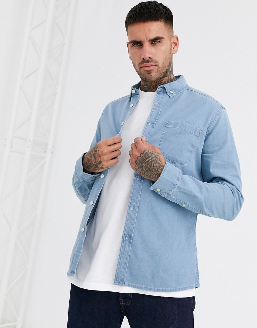 ASOS DESIGN – Ekologisk jeansskjorta med smal passform och stretch i ljus tvätt-Blå