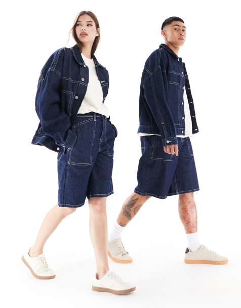 ASOS DESIGN - Ekstralange unisex-jorts med kontrasterende syninger i blå skyllevask - view 1