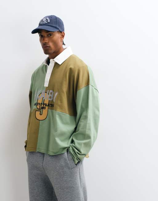 ASOS DESIGN ekstrem oversized rugby med asymmetrisk kant, ternet mønster og pigmentprint i khaki, 2 af 5