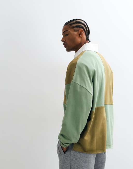 ASOS DESIGN ekstrem oversized rugby med asymmetrisk kant, ternet mønster og pigmentprint i khaki, 4 af 5
