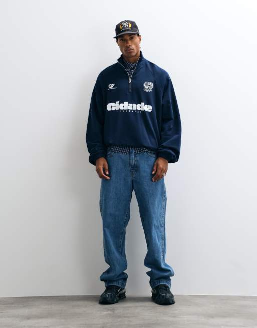 ASOS DESIGN ekstremt oversized sweatshirt med halv lynlås, snøre og falsk stormklap i navy, 2 af 5