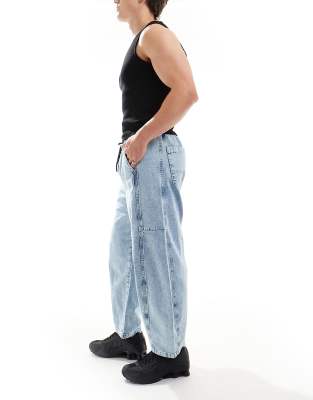 Asos Design Elastic Barrel Fit Jeans With Ads Logo In Blue