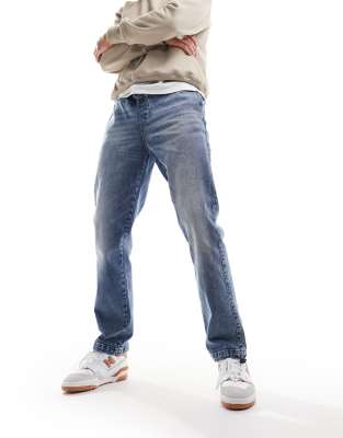 Asos Design Elastic Waist Jeans With Toggles In Mid Wash Blue In Blue