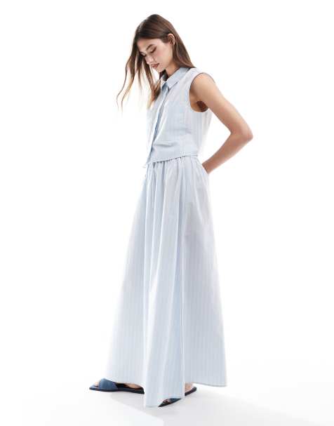 ASOS DESIGN elasticated waist co-ord maxi skirt in blue and white stripe