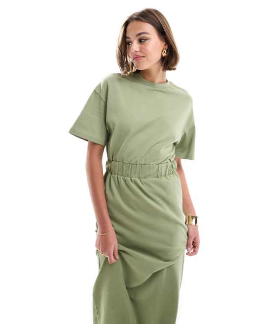 ASOS DESIGN elastic waist t shirt midi dress in khaki | ASOS