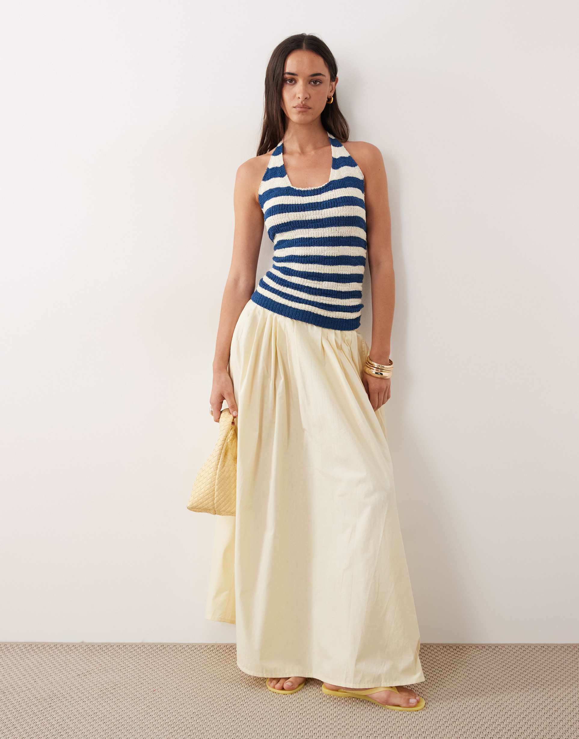 asos design elastic waist volume midi skirt in buttermilk