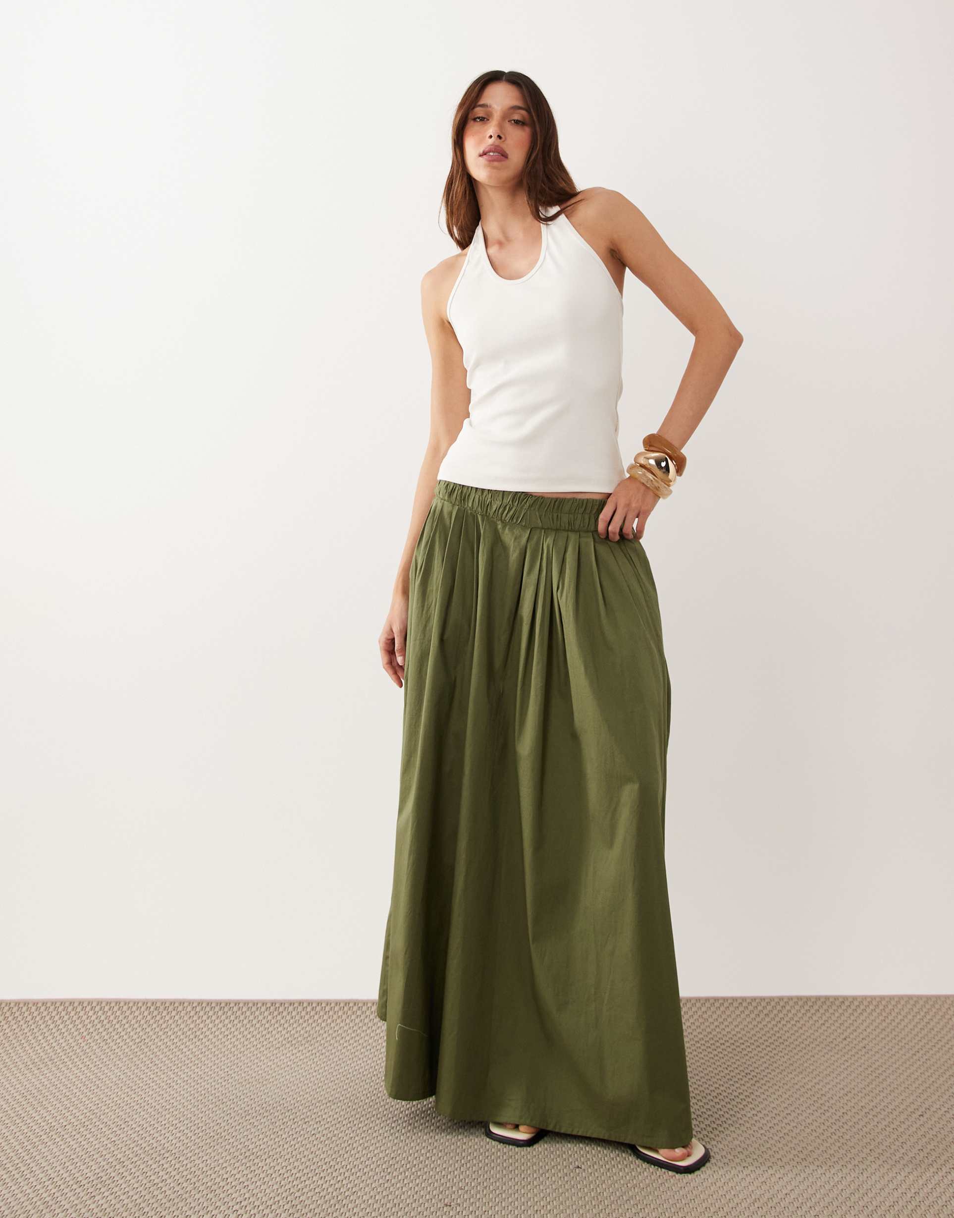 asos design elastic waist volume midi skirt in khaki